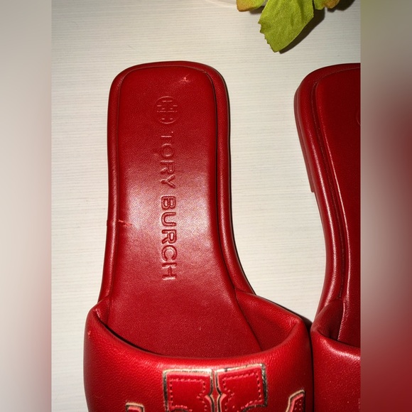 Tory Burch Red Gold Double T Logo Slide Sandals Size 6.5 - Picture 10 of 16